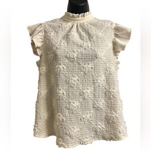 Voy Women’s Cream Floral Textured Ruffle Sleeve Top Sz S
